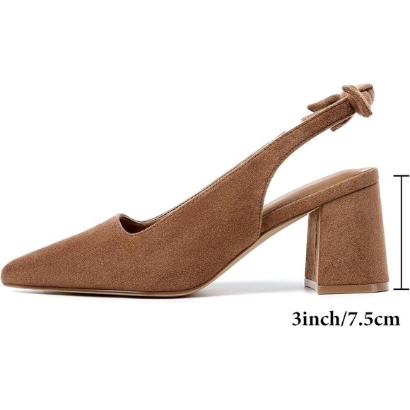 Women's Brown 2 Pointed Closed Toe Slingback Chunky Heels Office Work Pump Shoes - Picture 5 of 9